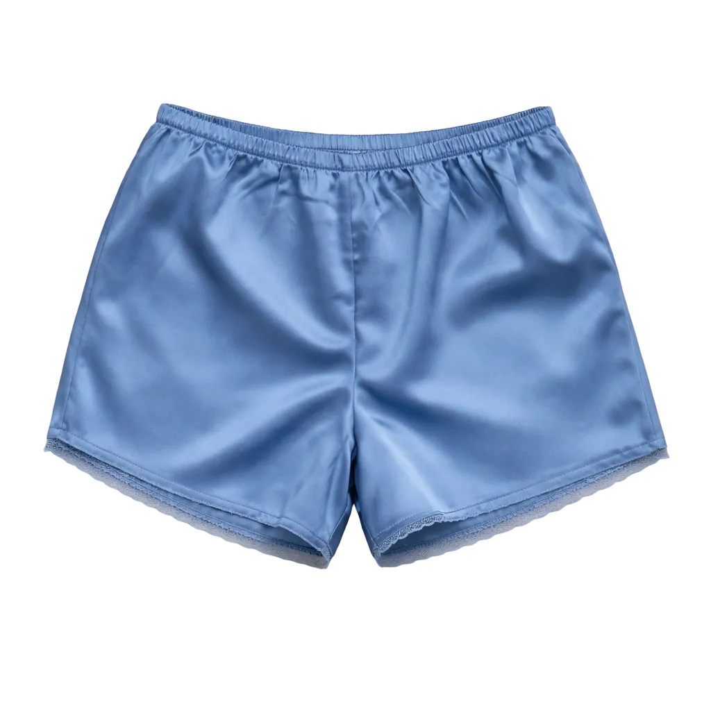 Blue satin shorts with lace trim